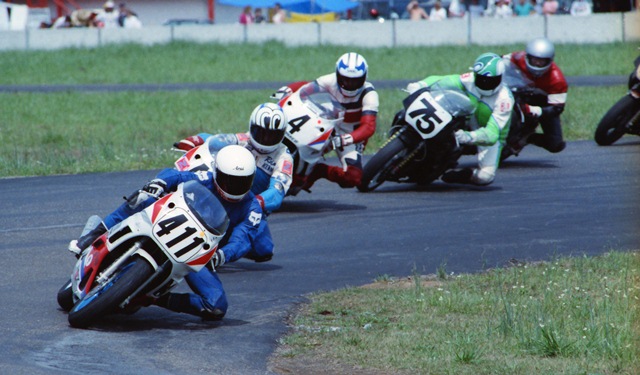 Pate, Jeff - Talladega 3-90 Jeff Pate leads a WERA C Superbike race at Talladega Gran Prix Raceway in March of 1990. Among those chasing Pate are Kevin Rentzell (running second) and Billy Eisenacher (No. 75). This was heady stuff for Pate who was getting his first taste of racing in the expert class. (Larry Lawrence photo)