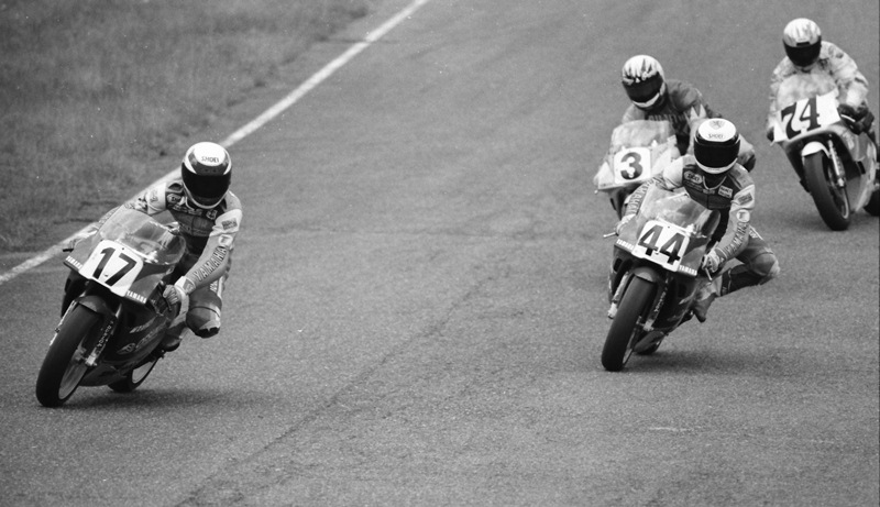 Kenny Roberts Jr. (No. 17) leads Rainey Racing teammate Alan Scott (No. 44), Donny Greene (No. 3) and local specialist Mike Sullivan (No. 74) in the WERA Air Tech Formula II race at Seattle International Raceway in June of 1991. It was a great battle for the win between these four riders. In the end Carter took victory with a last turn pass. (Larry Lawrence photo)