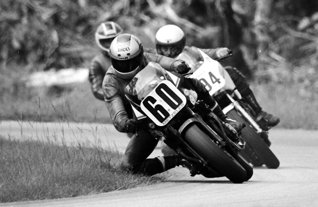 Rowe, Donnie - Roebling 9-86 Donnie Rowe wringing out the Human Race team Yamaha FZ600 in the closing hour of the WERA National Endurance race at Roebling Road in September of 1986. Rowe, who was picked up by the Human Race Team due to his skills at Roebling, helped the team finish third overall in the race that day and Rowe nearly caught second-place Yamaha FZ750 mounted Solmax Racing in the final hour. (Larry Lawrence photo)