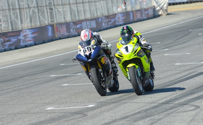 Hayden Gillim (No. 69) and James Rispoli (No. 1) battled to the line in AMA Pro SuperSport at Laguna Seca.