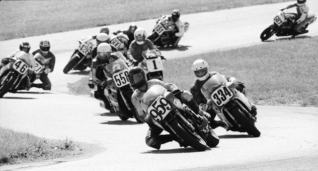 Chuck Stephen leads a talented field in what is probably a WERA A Production race at Nattarg in June of 1986. Don’t worry if you’ve never heard of the Nattarg circuit, it’s simply Grattan spelled backwards. (Larry Lawrence photo)