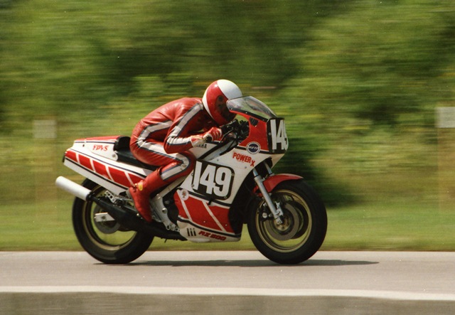 Brown, Jim - Blackhawk Farms 8-85 Jim Brown is in full tuck on his Yamaha RZ500 as he speeds down the front straightaway at Blackhawk Farms Raceway in August of 1985. (Larry Lawrence photo)
