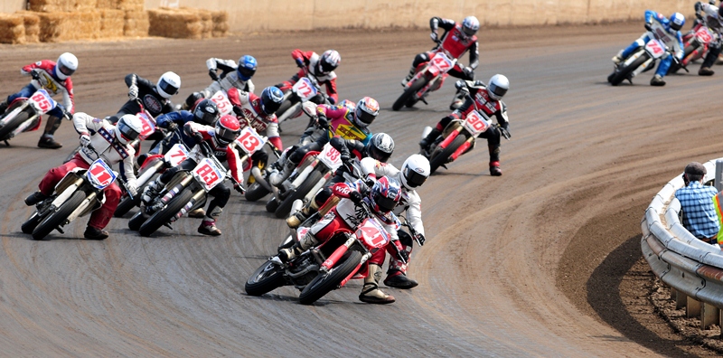 Cassidy, Dustin - Springfield Mile Sept. '12 Dustin Cassidy (41P) leads a pack of Pro Singles riders into turn three at the Springfield Mile on Sept. 16, 2012 during a Last Chance Qualifier. (Larry Lawrence photo)