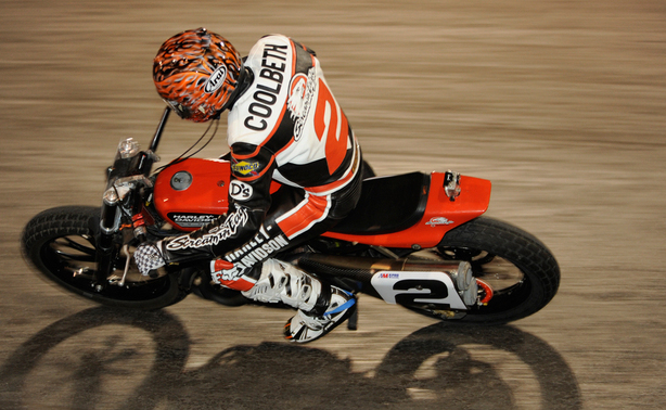 It's been a tough season for Kenny Coolbeth Jr. ( Harley-Davidson/Screaming Eagle Harley-Davidson) as a broken leg has caused him to miss much of the 2012 season, but tonight was his night as he claimed the lead on lap five and never gave it up to get the victory. (Dave Hoenig/AMA Pro Racing)