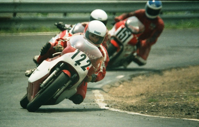 David, Lance - Gateway 7-85 Lance David leading Michael Shilts and Ken Davis during practice for a WERA sprint race at Gateway International Raceway in July of 1985. (Larry Lawrence photo)