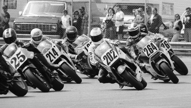 Daytona Twin 50 - 1987 Mitch Marqui (No. 25) leads Bruce Behal (No. 202), Barry Thornhill (No. 264), Alan Lane (No. 214), David Sadowski (No. 125) and I think Mark McQuade (No. 126) in one of the 1987 Daytona Twin 50 qualifying heat races. (Larry Lawrence photo)