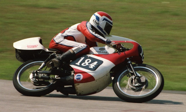 Gonyou, Kevin - Grattan 7-85 Kevin Gonyou races what appears to be a 1970s era Yamaha 125 GP bike at Grattan Raceway in July of 1985. Gonyou scored some solid finishes in the WERA Formula 3 class that season. (Larry Lawrence photo)