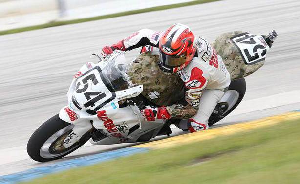 Roger Lee Hayden put his head down from the session's earliest stages, throwing down a hot lap of 1:22.746 aboard his #54 GSX-R1000 prior to the arrival of the afternoon rain which spoiled the bulk of the session. (Brian J. Nelson photo)