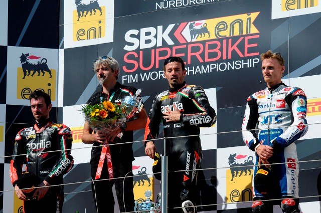 Nurburgring_Race1_podium-sm Max Biaggi (Aprilia Racing Team) once more heads the points table in the eni FIM Superbike World Championship, after two races in Germany laden with incident and frequent accidents for the top two championship runners.