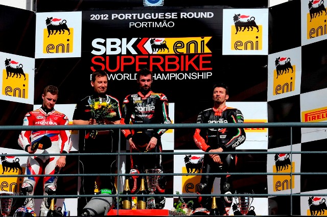 Max Biaggi (Aprilia Racing Team) scored a single podium for third place in race two at the eni FIM Superbike World Championship round in Portugal today, but two strong points scores saw him extend his overall lead as his other championship rivals found trouble. 
