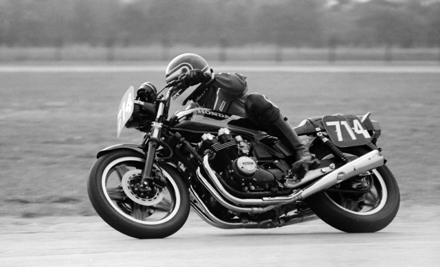 Stuhler, Mike - IRP 9-85 Mike “Stu” Stuhler races his Honda CBF900 through the carousel at Indianapolis Raceway Park during a WERA event in September of 1985. (Larry Lawrence photo)
