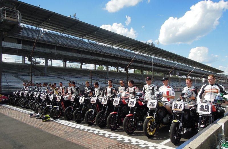 Vance & Hines XR1200 riders line up for a photo shoot set up by photographer Brian J. Nelson, on the front straightaway at the Indianapolis Motor Speedway. (Larry Lawrence photo)