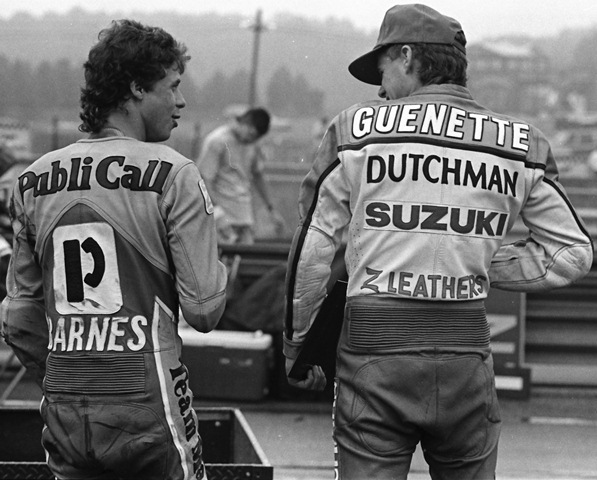 Barnes - Guenette - Mid-O 1990 Mad Dog Racing’s Michael Barnes and Jacques Guenette, who rode for Dutchman Racing, share a laugh after an AMA/EBC Brakes Challenge at Mid-Ohio Sports Car Course in August of 1990. (Larry Lawrence photo)