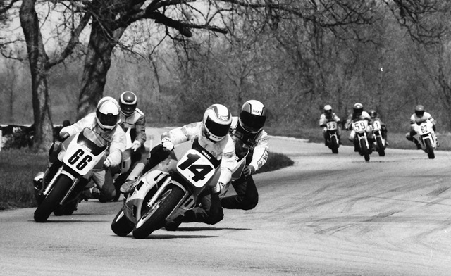 Bertagnoli, Alan - Blackhawk May 1989 Alan Bertagnoli (No. 14) leads Shawn Nicoloff (66) Stevie Patterson (behind Bertagnoli) and Scott Blow (behind Nicoloff) during a WERA D Production race at Blackhawk Farms Raceway in June of 1989. Bertagnoli held off Nicoloff to win the race and the $500 in Yamaha contingency money. (Larry Lawrence photo)