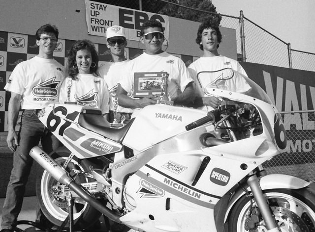 Caz II - Rd. Atl. 6-89 Caz II Racing poses for a photo after taking third in the WERA National Endurance race at Road Atlanta in June of 1989. Don Canet (wearing a hat) and Al Garza (holding trophy) were the team’s riders, but during the race they signed Chuck Graves (not pictured) to fill in when Garza had trouble getting up to speed on the track he’d never seen before. (Larry Lawrence photo)