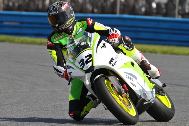Daytona Fall 2012 1-sm Eric Bostrom riding an electric motorcycle on Friday at Daytona International Speedway. (Photo credit: Daytona International Speedway)
