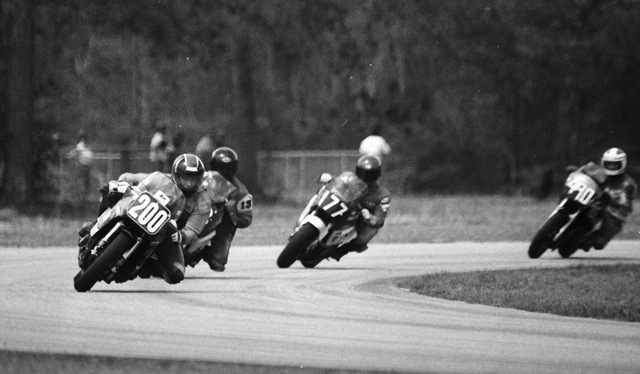 Dave Despain, best known as a TV personality, was also a very good road racer in his day. Here he is racing his Suzuki GSXR750 en route to winning a B Production race at a WERA sprint weekend at Roebling Road in March of 1986. (Larry Lawrence photo)