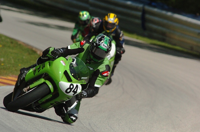 Jason Farrell races his Speed Tech Motorsports Kawasaki ZX-6RR in the Pro Honda Oils Supersport Championship presented by Shoei event at Road America, in Elkhart Lake, Wisconsin, in June of 2005. (Larry Lawrence photo)