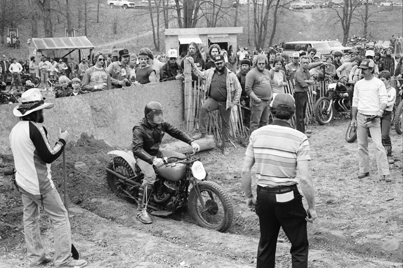 A rider on a well-worn hillclimb machine prepares to tackle the hill in Goshen, Indiana, during an AMA Hillclimb event in the mid-1980s. (Larry Lawrence photo)