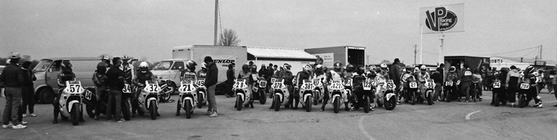 When Honda introduced the Honda 600 Hurricane in 1987, the bike aptly named since it took the club and pro road racing ranks by storm. This is a photo of riders, almost all on Hurricanes, lining up for a what is probably a WERA C Production race at Indianapolis Raceway Park in April of 1987, shortly after the bike was made available to the public. (Larry Lawrence photo)
