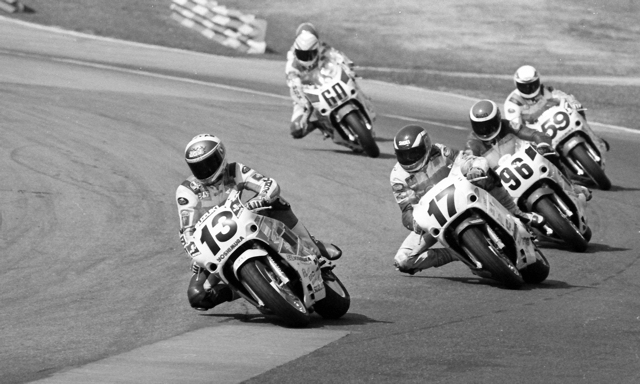 Lynch, Tommy - Suzuki GSXR 750 Cup 1990 Tommy Lynch, riding a Yoshimura Suzuki, leads Robert Wright (No. 17), Michael Martin (No. 96), Rick Kirk (No. 59) and Kurt Hall (No. 60) in the 1990 Suzuki GSXR750 Cup Final at Road Atlanta during the WERA Grand National Final. Lynch was the winner of the race. (Larry Lawrence photo)