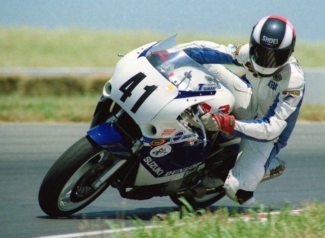 McDaniel, Mark - Topeka 7-90 Mark McDaniel races the Vision Quest Suzuki GSXR1100 in the WERA 6-Hour National Endurance race at Heartland Park Topeka in July of 1990. Vision Quest, with Jeff Hagan and Robert Wright joining McDaniel, led big early in the Heavyweight Production class. (Larry Lawrence photo)