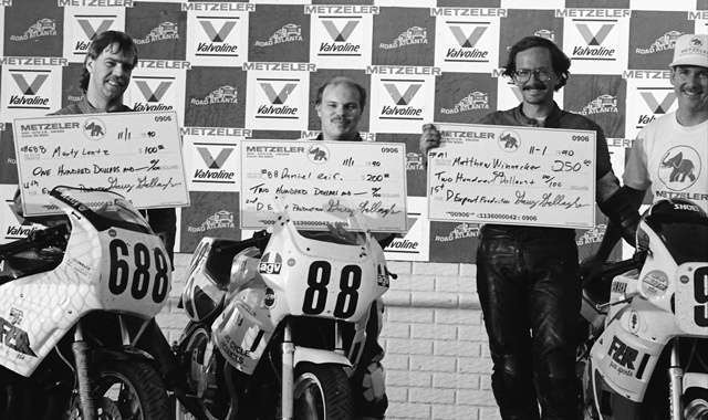 Metzeler money - GNF 1990 Marty Lentz, Daniel Reif and Matt Winnacker pose for a photo after the Metzeler D Production final at the WERA Grand National Final in November of 1990. Winnacker won the race and the national title. (Larry Lawrence photo)