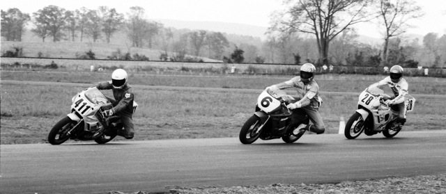Jeff Pate (No. 411) leads Mike Smith (No. 6) and Britt Turkington (No. 28) early in a WERA C Superstock race at Talladega Gran Prix Raceway on April 1, 1990. Turkington eventually got around both Smith and Pate to win the race. (Larry Lawrence photo)