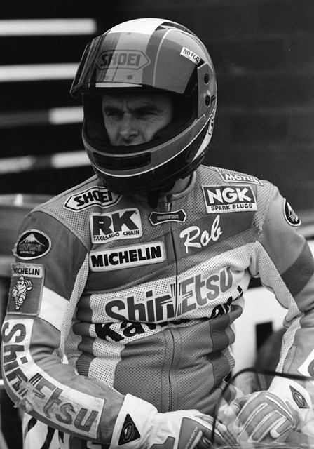 Rob Phillis, one of the early legends of World Superbike racing, readies for the Canadian round of the series at Mosport Park in 1990. Former Australian Superbike champ Phillis was the top Kawasaki rider in World superbike during the early 1990s. He finished ranked third in the series twice. During his WSBK career he earned four victories, three poles and a remarkable 27 podium finishes in all. (Larry Lawrence photo)