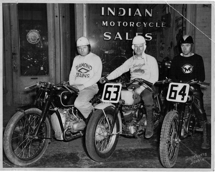 Rodenberg - Moore - Wray - 1948-sm Indianapolis motorcycle racers Rody Rodenberg, Ralph Moore and Edward Wray pose for a photo in 1948 before they leave for the races at Daytona Beach. These three riders were among the three top Hoosier riders of that era. (John Wray Collection)