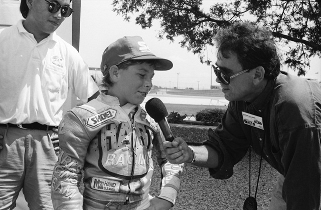 Hayden, Nicky interview IRP 8-92 WERA Pro Series announcer Glenn Billings interviews a young Nicky Hayden after Hayden finished a close second to Marcello Del Giudice in the Moto Liberty Formula III final at Indianapolis Raceway Park in August of 1992. Hayden had just turned 11 a week before this race. (Larry Lawrence photo)