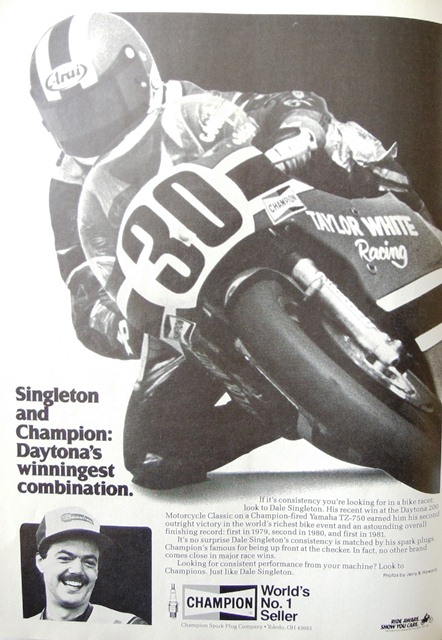 An early 1980s Champion Spark Plug ad featuring two-time Daytona 200 winner Dale Singleton.