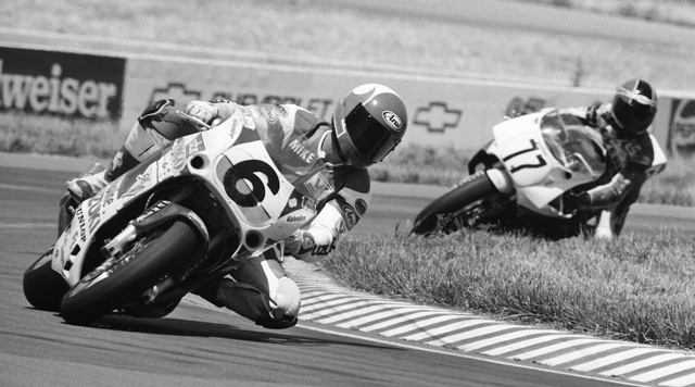 This was the battle for the lead at the Topeka round of the WERA Pro Formula USA Series in July of 1990. Valvoline Suzuki rider Mike Smith leads Tatsuro Arata. Arata took the lead late in the race and won. Smith later took the series title. (Larry Lawrence photo)