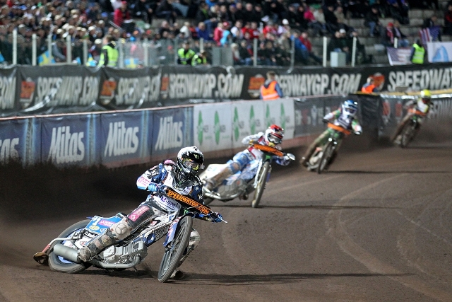 Speedway 1 American-born 2011 FIM Speedway Grand Prix Champion Greg Hancock (front) will lead the international field of star riders. (Courtesy FIM Speedway Grand Prix)
