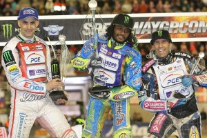 Speedway 3 The podium finishers from the final round of the 2012 GP season – Tomasz Gollob (left), Antonio Lindback (center), and Hancock (right) – are scheduled to compete. (Courtesy FIM Speedway Grand Prix)