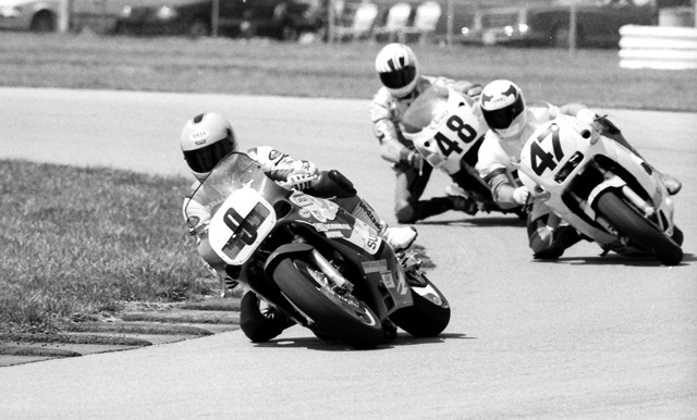 Springsteen - IRP 4-90 Flat track racing legend Jay Springsteen leads Tommy Sloan and Kevin Rentzell in a WERA B Superbike race at Indianapolis Raceway Park in April of 1990. Springer had some solid results that day on his Yoshimura-built Suzuki GSXR750. (Larry Lawrence photo)