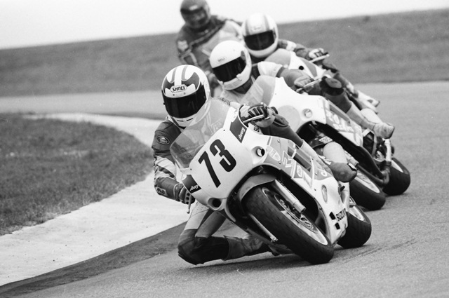 Class Racing’s Avery Stewart leads a group of riders during a Kerker/SBS WERA National Endurance Series race at Grattan Raceway in July of 1990. (Larry Lawrence photo)