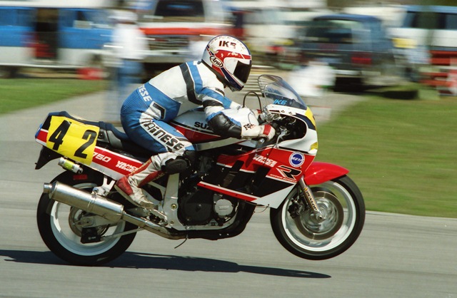 Zautner, Ike - Grattan 4-90 Ike Zautner wheelies his Suzuki GSXR750 over the jump at Grattan Raceway during a WERA sprint race in April of 1990. (Larry Lawrence photo)