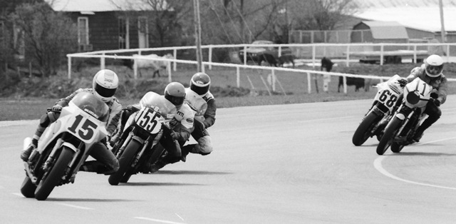 Gamma - IRP 4-87 Team Gamma, possibly with rider Frank Slaughter, leads a pack of riders through a turn at Indianapolis Raceway Park during a WERA National Endurance race in April of 1987. (Larry Lawrence photo)