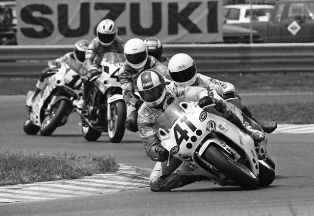 Jeff Hagan leads Fritz Kling, Britt Turkington, Robbie Petersen, Kevin Rentzell and Wes Cooley during a WERA Formula USA race at Memphis Motorsports Park in September of 1990. (Larry Lawrence photo)