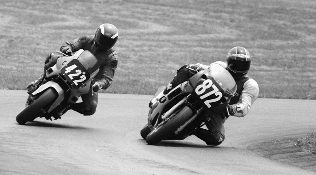 Hall - Badger - Grattan 7-89 Kris Badger (No. 872) and All Hall (No. 422) battle side by side through the esses at Grattan Raceway in July of 1989. (Larry Lawrence photo)