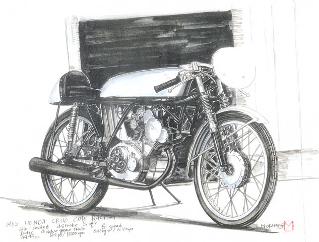 Honda CR110 (1962) The Honda CR110 50cc GP racing machine as illustrated by Masaki Okamoto.