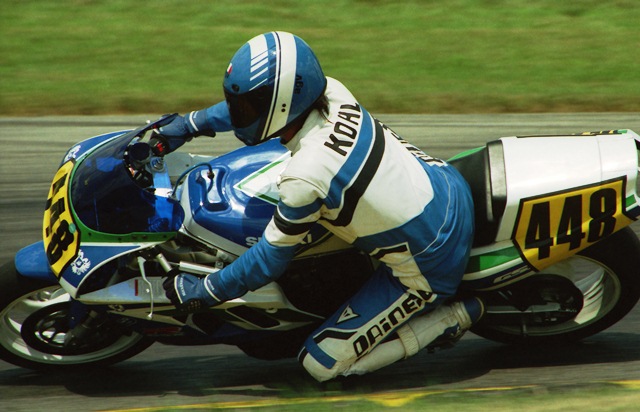 Kohl, Brian - Grattan 7-91 Brian Kohl became one of the leading Harley-Davidson 883 road racers of the mid-1990s, but he started his career as a WERA Novice burning up the track of the Midwest. Here Kohl races his Suzuki GSXR750 at Grattan (Mich.) Raceway in July of 1991. (Larry Lawrence photo)