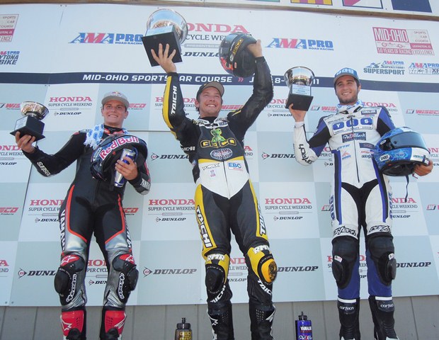Mid-Ohio DSB 2011 Winner Danny Eslick (center) joined on the podium by runner-up Tommy Aquino (right) and third-place finisher Cameron Beaubier in the first Daytona Sportbike final at Mid-Ohio in July of 2011. This podium represented three of the best young talents in American road racing today. (Larry Lawrence photo)