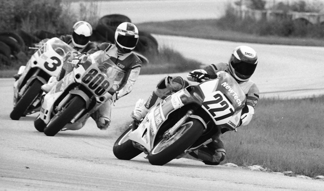 New Tech Racing leads BCP Racing’s Chip Crowther and Bruce Baldus on the Hall ‘N Still Suzuki GSXR1100 during a WERA endurance race at Moroso Motorsports Park in September of 1991. (Larry Lawrence photo)