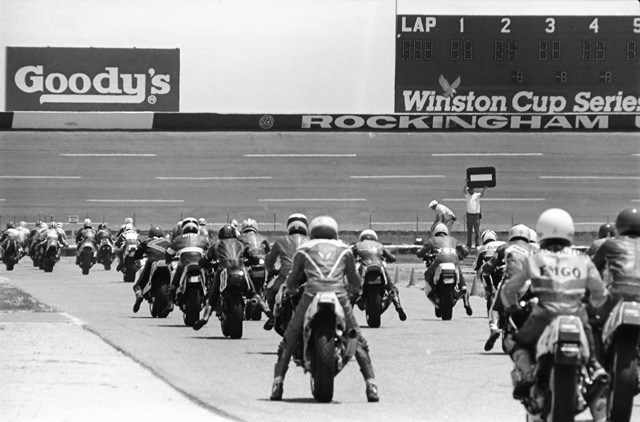 Rockingham Endurance - May 1988 Heavyweight bikes are already heading to the first turn, the Mediumweights machines are just launching and the Lightweights are waiting their turn at the start of the WERA National Endurance race at North Carolina Motor Speedway (aka Rockingham) in May of 1988. (Larry Lawrence photo)