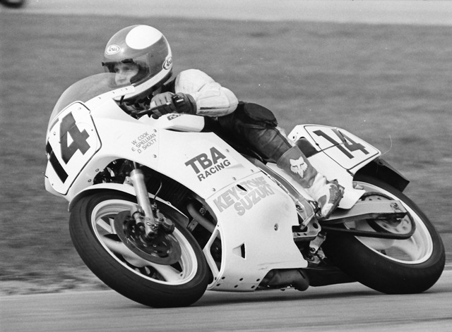 TBA Racing - IRP 10-88 The TBA Racing Suzuki, possibly with Earl Spellman riding, competes in the WERA National Endurance race at Indianapolis Raceway Park in October of 1988. The team, with Spellman, Ward Cook and Doug Sholty, ran near the front until a crash dropped them back. They managed to come back and finish fourth in the Heavyweight Production class. (Larry Lawrence photo)