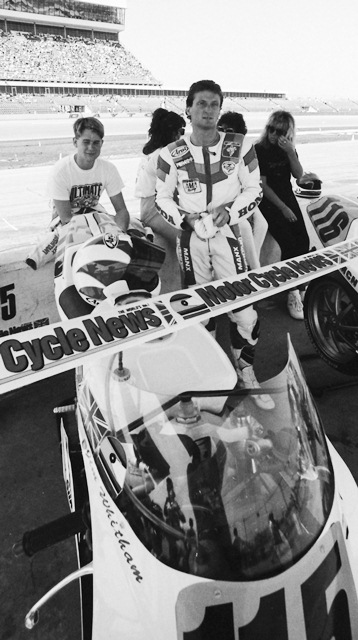 Whitham - Fogarty - Daytona 1990 Honda Britain sent a formidable team with Jamie Whitham (left) and Carl Fogarty to the 1990 Daytona 200. Here the two riders ready for the start of the race. Both battled in the lead pack before the speedy duo crashed out, eight laps apart. (Larry Lawrence photo)