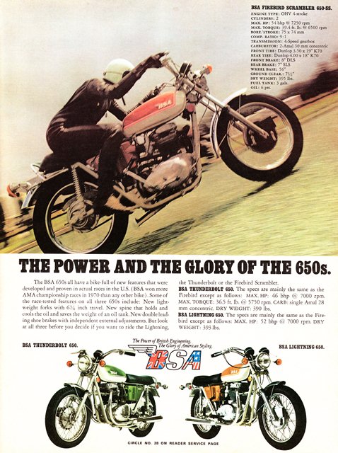 A 1971 magazine ad showing the three variations on that year's BSA 650.
