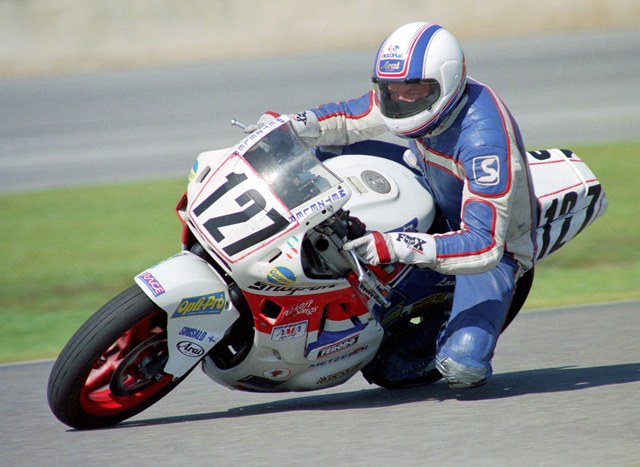 Downie, Chuck - Daytona '90 Chuck Downie races his Honda CBR600 in the AMA 750 Supersport race at Daytona in March of 1990. Downie was a Canadian regular, who came down and raced in the AMA series during the early 1990s. He scored a slew of top-10 finishes in the 600 and 750 Supersport classes. (Larry Lawrence photo)